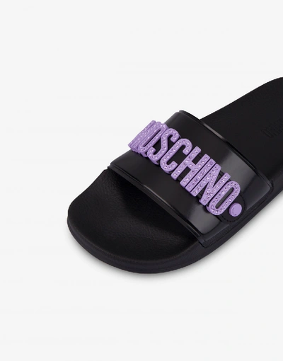Shop Moschino Lettering Jewel Pool Slides In Black