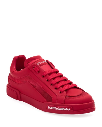 Shop Dolce & Gabbana Men's Portofino Tonal Mesh & Leather Sneakers In Red