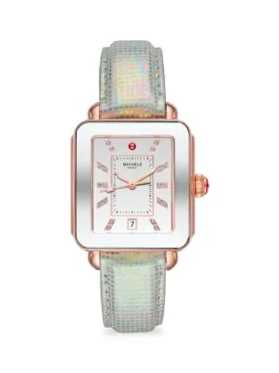 Shop Michele Deco Sport Rose Goldtone, Topaz & Iridescent Textured Leather Strap Watch