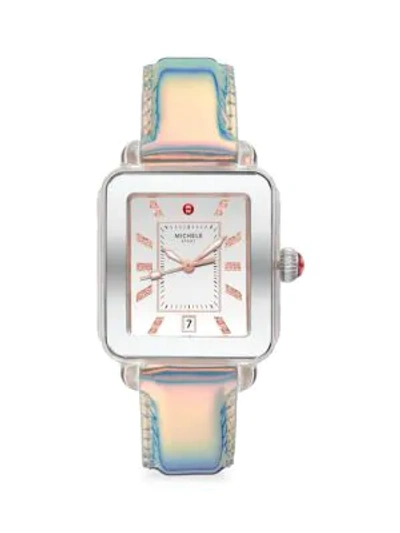 Shop Michele Deco Sport Stainless Steel, Topaz & Iridescent Smooth Leather Strap Watch