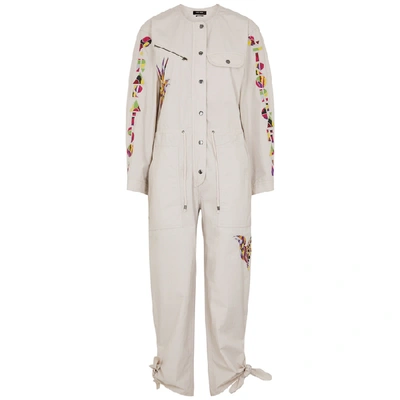 Shop Isabel Marant Gigi Ivory Embroidered Cotton Jumpsuit In Beige