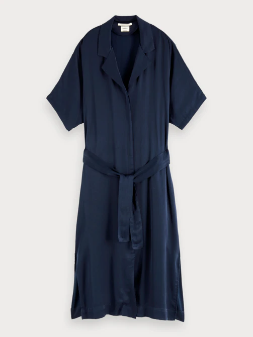 blue satin shirt dress