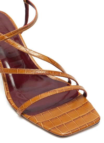 Shop Staud Mismatched Strappy Croc Embossed Leather Sandals In Brown