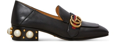 Shop Gucci Leather Mid-heel Loafers In Nero/b.r.b.