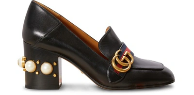 Shop Gucci Leather Mid-heel Loafers In Nero/b.r.b.