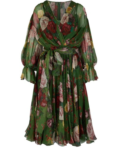 Shop Dolce & Gabbana Floral Baroque Silk Dress In Green