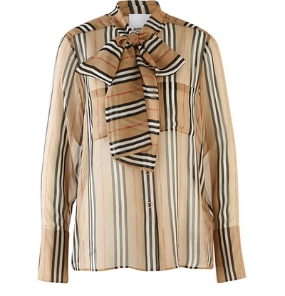 Shop Burberry Amelie Silk Shirt In Archive Beige Ip Pat