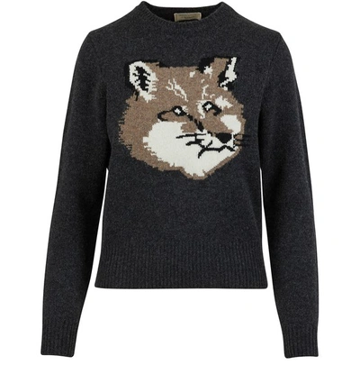 Shop Maison Kitsuné Woollen Fox Sweatshirt In Dark Grey Melange