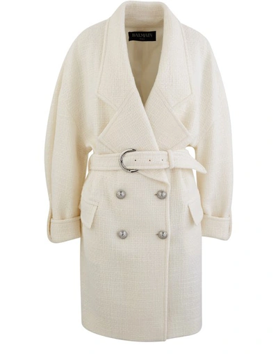 Shop Balmain Wool Coat In 0fa Blanc
