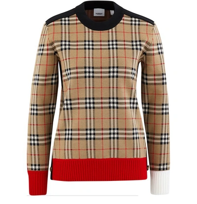 Shop Burberry Button Detail Check Technical Wool Jacquard Sweater In Archive Beige