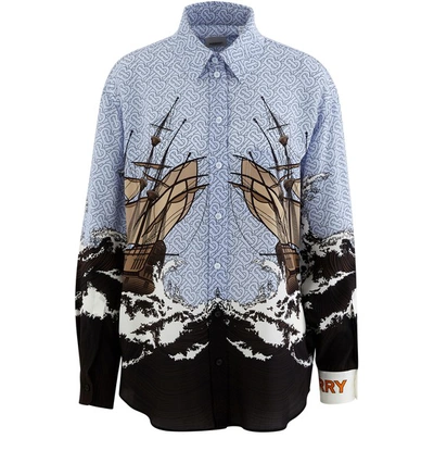 Shop Burberry Printed Silk Shirt In Baby Blue