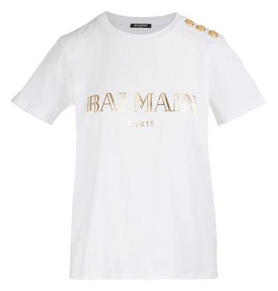 Shop Balmain Logo T-shirt In Gad Blanc Or