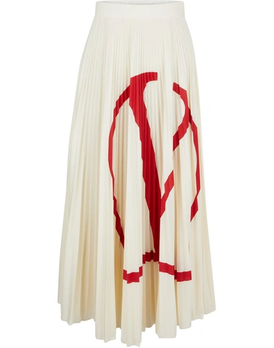 Shop Valentino Pleated Midi Skirt In Avorio/rosso