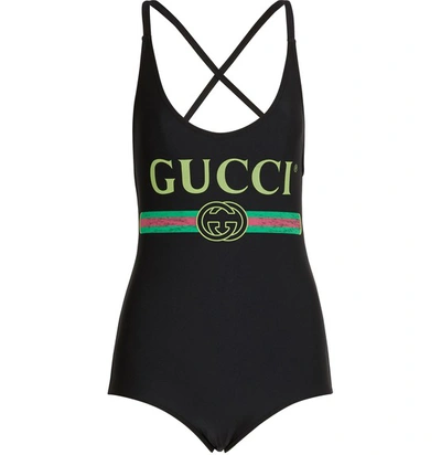 Shop Gucci Logo Swim Suit In Black