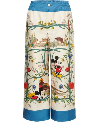 Shop Gucci Mickey Mouse Silk Pyjama Bottoms In Ivory/blue Print
