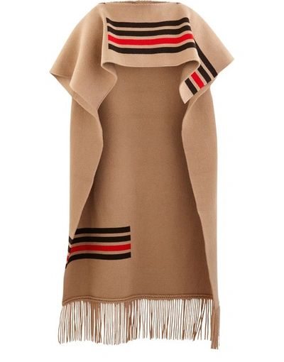 Shop Burberry Wool Fringed Cape In Camel