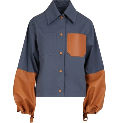 Shop Loewe Short Leather Jacket In Varsity Blue/tan