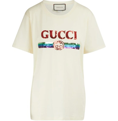 Shop Gucci Sequined Logo T-shirt In Sunkissed