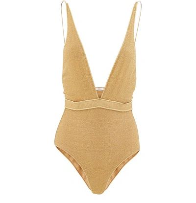 Shop Oseree Deep V Swimsuit In Gold