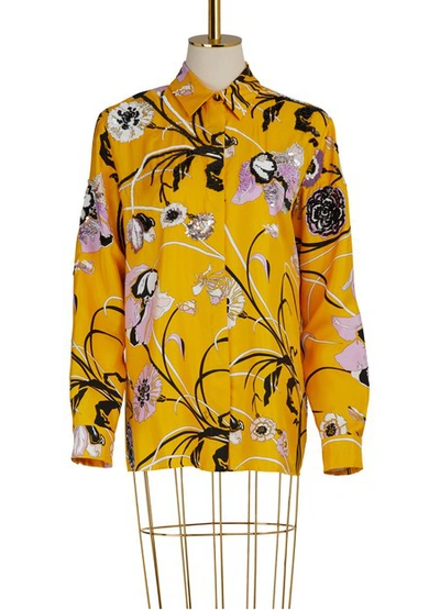 Shop Emilio Pucci Embroidered Silk Pajama Shirt In Giallo Sole