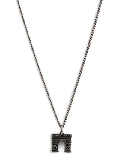 Shop Balenciaga Paris Arch Necklace In Antique Silver