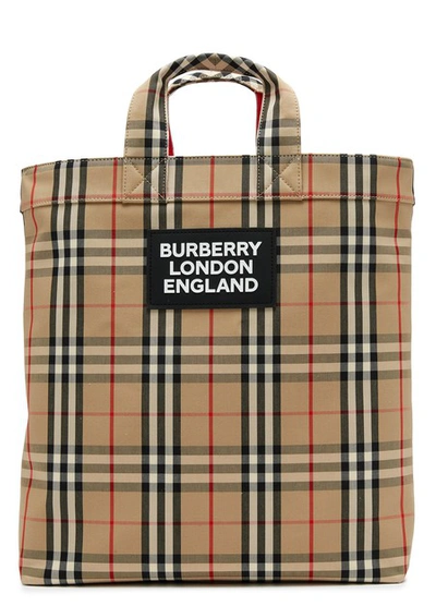 Shop Burberry Artie Vintage Check Tote Bag In Archive Beige
