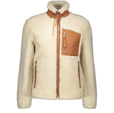 Shop Loewe Shearling Leather Coat In White Camel