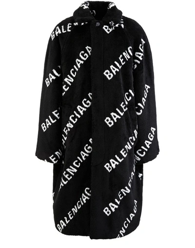 Shop Balenciaga Logo Faux Fur Coat In Black Ivory