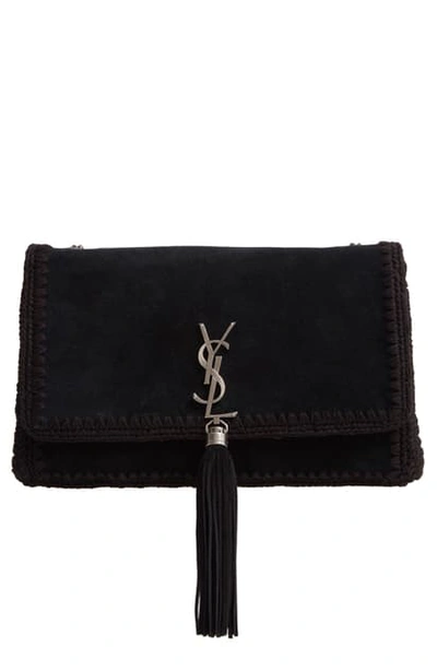 Shop Saint Laurent Medium Kate Whipstitch Suede Shoulder Bag In Noir