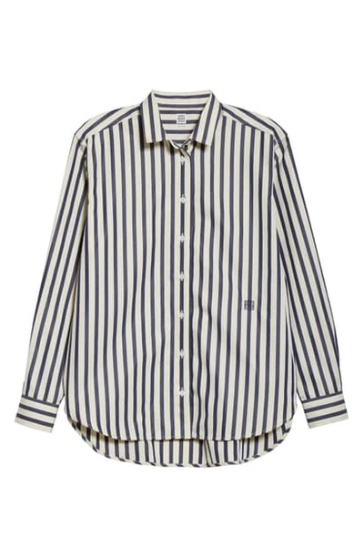 Shop Totême Capri Stripe High/low Cotton Poplin Shirt In Navy Stripe