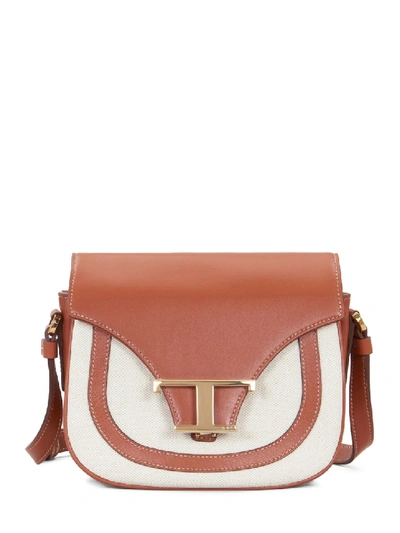 Shop Tod's Leather And Canvas Micro Shoulder Bag In Brown