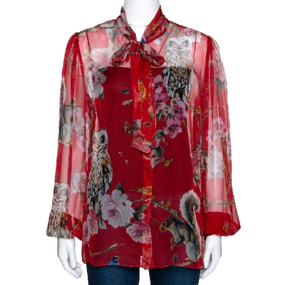 Pre-owned Dolce & Gabbana Red Animal Floral Print Silk Sheer Shirt L