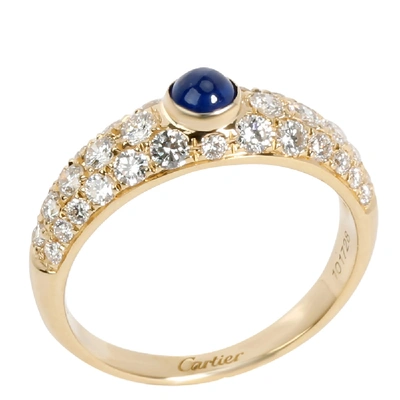 Pre-owned Cartier 18k Yellow Gold Cabochon Sapphire & Pave Diamond Ring Size 54.5