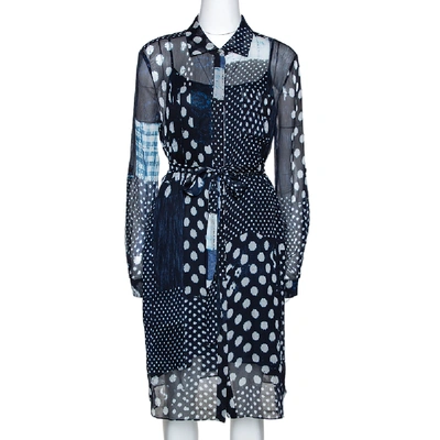 Pre-owned Diane Von Furstenberg Indigo Patchwork Print Silk Prita Long Shirt Dress L In Blue
