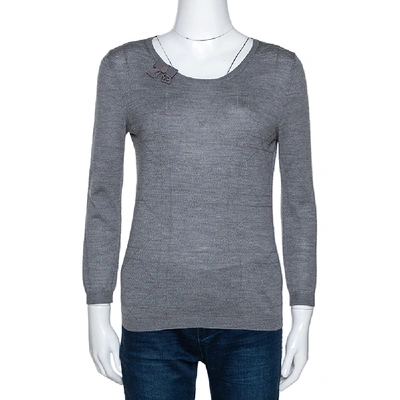 Pre-owned Dior Grey Rib Knit Wool Bow Detail Sweater Top M
