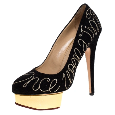 Pre-owned Charlotte Olympia Black 'happily Ever After" Embroidered Felt Dolly Platform Pumps Size 38.5