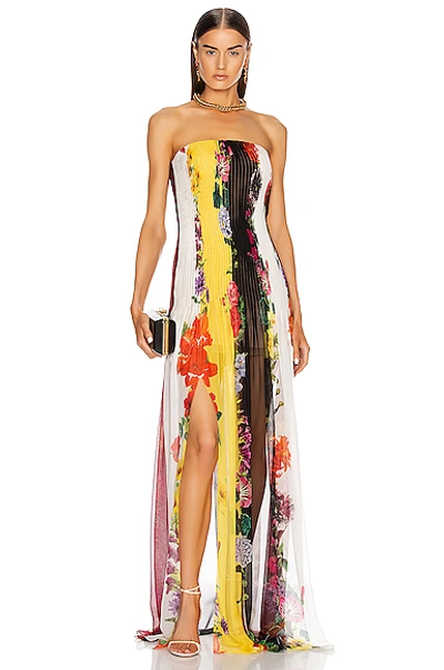 Shop Oscar De La Renta Strapless Floral Striped Gown In Ivory Multi