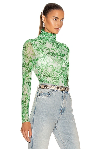 Ganni Floral-print Stretch-mesh Turtleneck Top In Green | ModeSens