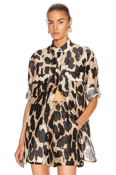 Shop Ganni Silk Linen Blouse In Maxi Leopard