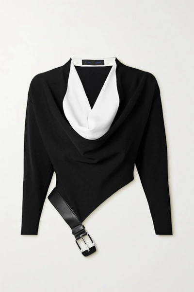 Shop Proenza Schouler Draped Two-tone Leather-trimmed Stretch-knit Blouse In Black