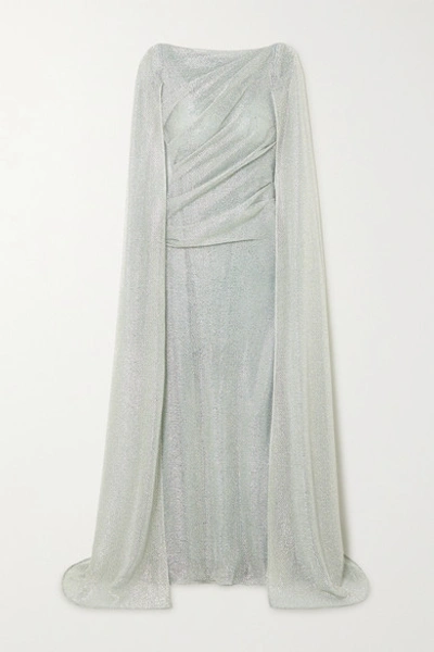 Shop Talbot Runhof Cape-effect Ruched Metallic Voile Gown In Sky Blue