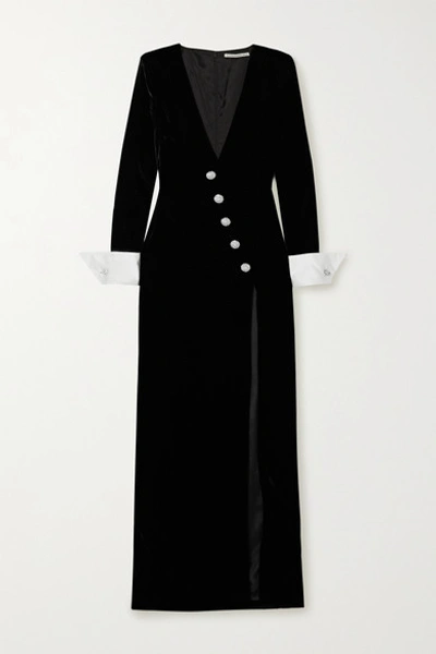 Shop Alessandra Rich Crystal-embellished Silk Satin-trimmed Velvet Gown In Black