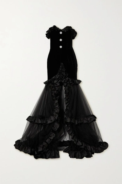 Shop Alessandra Rich Ruffled Silk Satin-trimmed Crystal-embellished Velvet And Tulle Gown In Black