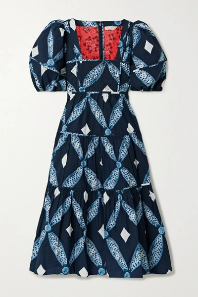 Shop Ulla Johnson Nora Tiered Printed Cotton-poplin Midi Dress In Blue
