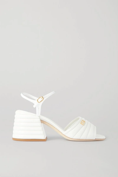 Shop Fendi Logo-embellished Quilted Patent-leather Sandals In White