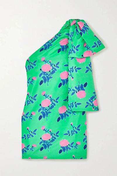 Shop Bernadette Josselin One-shoulder Draped Floral-print Taffeta Mini Dress In Green
