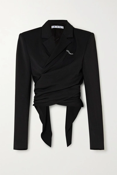 Shop Off-white Draped Embroidered Gabardine Wrap Jacket In Black