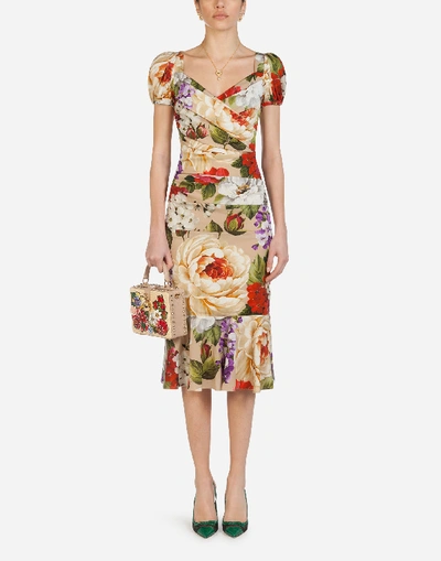 Shop Dolce & Gabbana Short-sleeved Longuette Dress In Charmeuse With Beige Floral Print