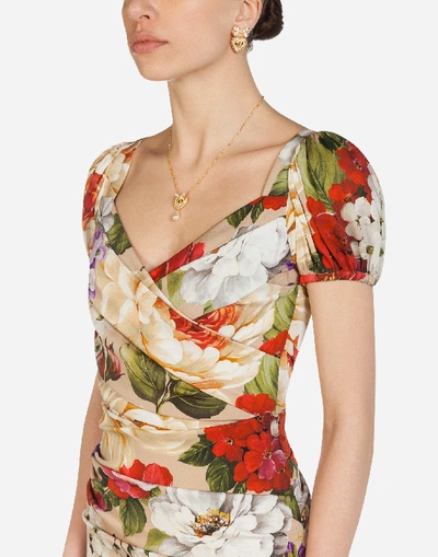 Shop Dolce & Gabbana Short-sleeved Longuette Dress In Charmeuse With Beige Floral Print