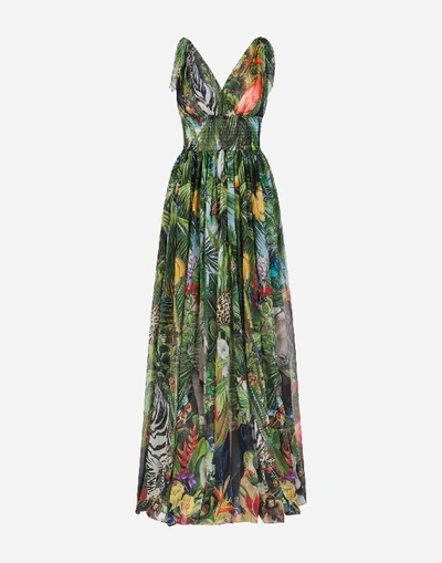Shop Dolce & Gabbana Long Georgette Dress With Jungle Print In Multicolored